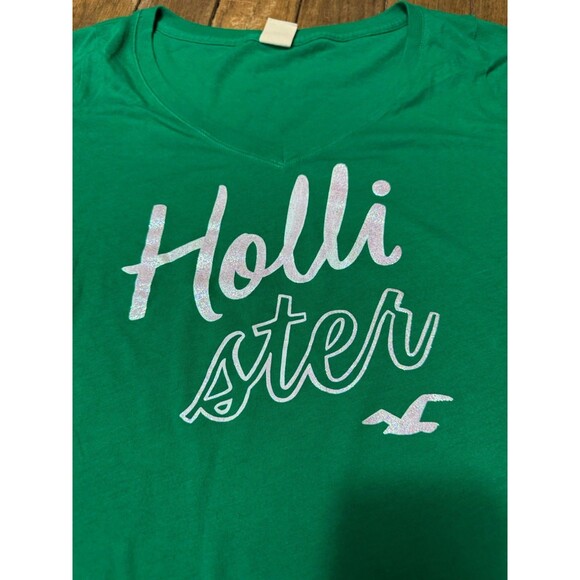 Y2K Hollister Green V-neck Glitter Graphic Tee Bird Logo GUC Large Surf Classi - Picture 5 of 6